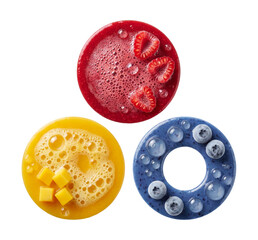 Fototapeta premium Three colored bases arranged as a clean color wheel, each with a different bubble pattern