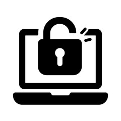 A laptop icon featuring an open padlock, symbolizing unlocked access, decrypted data, potential security vulnerability, or successful login.