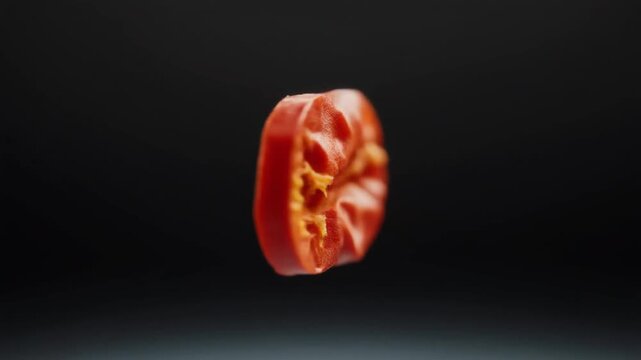 A red, ripe fruit with a distinctive crease down the center and yellow seeds is suspended in mid-air against a dark background