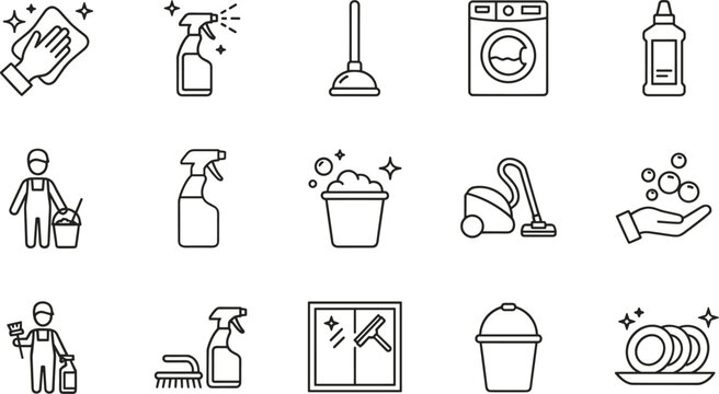 Cleaning services and household hygiene icon set featuring disinfecting tools laundry equipment sanitation symbols in clean outline vector style