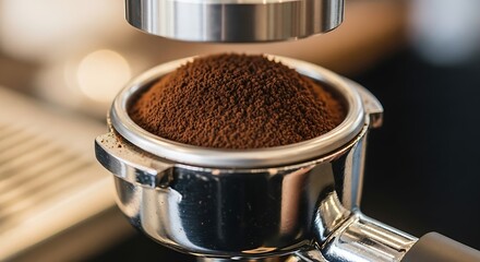 Freshly Ground Coffee in Metal Portafilter