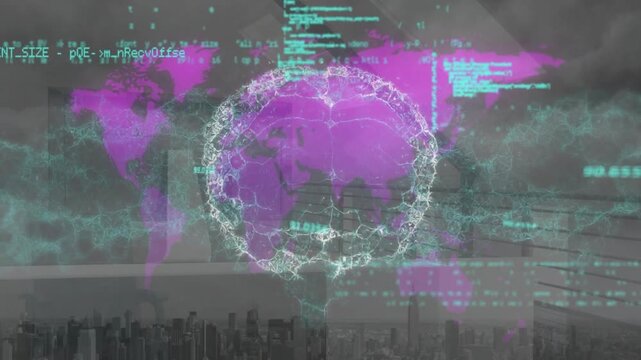 Animation of brain icon spinning over world map and data processing against aerial view of cityscape