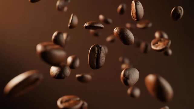 A mesmerizing scene of numerous brown coffee beans suspended mid-air against a dark brown background