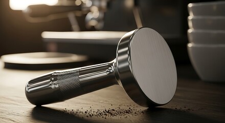 Shiny Metal Coffee Tamper on Wooden Surface with Ground Beans and Kitchen in Background