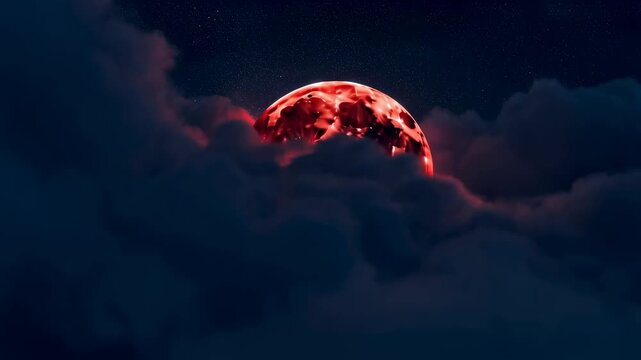 Dramatic view of a blood moon rising through dark clouds at night. Captivating celestial event symbolizing mystery and transformation