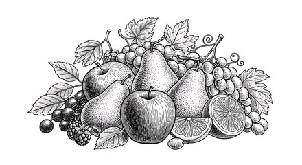 Detailed Fruit Still Life with Pears Apples Grapes and Lime Slice
