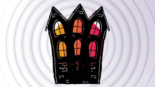 Animation of houses over sun and triangle against white circular patterns