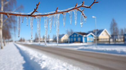Icicles dangle from a snowy branch. Icicles form on a tree branch while a snowy road stretches ahead with houses in the background on a clear day.