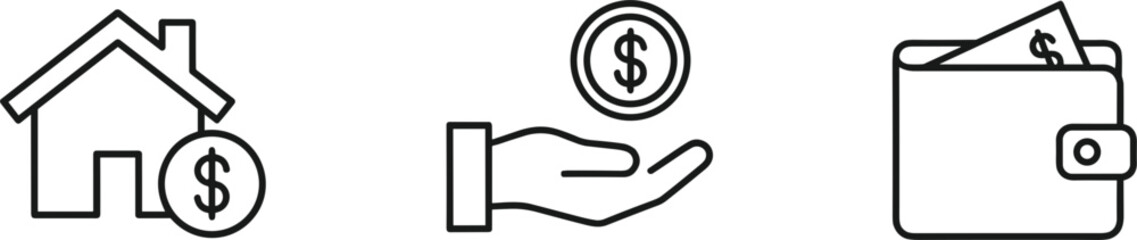 Real estate and finance icon set showing home investment payment hand wallet money symbols in clean outline vector style