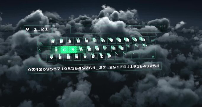 Animation of data processing on computer keyboard over clouds