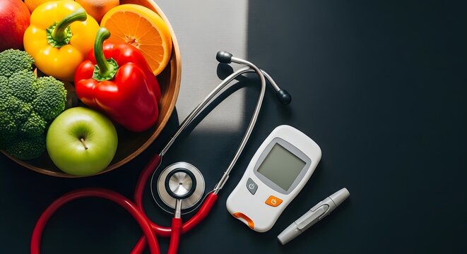 Healthy lifestyle choices with fresh fruits and medical equipment