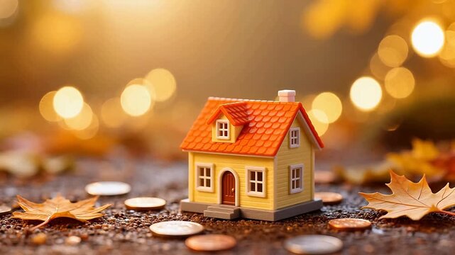 MiniHouseModelwithCoinsandAutumnLeaves