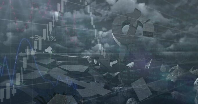 Animation of data processing over broken dollar symbols and storm