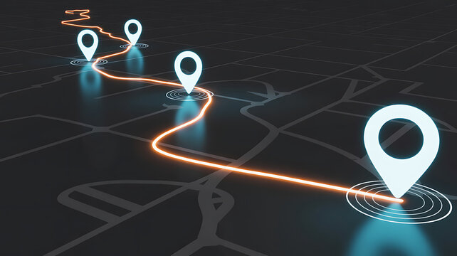 GPS navigation route with glowing map pins and path