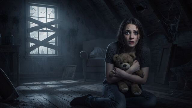 Young woman with scared expression holding teddy bear sitting on floor in dusty, abandoned attic. Concept of fear, horror, and child abuse.