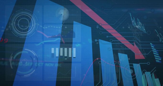 Animation of loading circles, changing numbers, arrow on falling graphs over abstract background