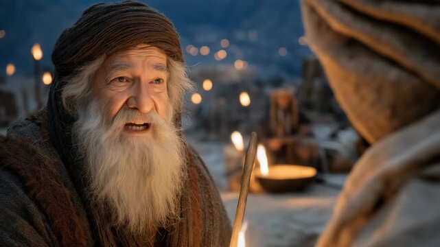 Jethro visits Moses at night, speaking with him quietly under the dark sky. The scene is illuminated by soft firelight and moonlight, creating an intimate, reflective atmosphere.
