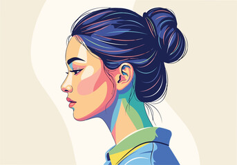 Colorful woman profile portrait vector illustration with messy hair bun © Husmath