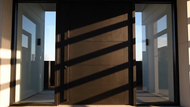 Architectural Entryway: Modern design entrance featuring a stylish solid door with symmetrical glass panels and the inviting play of light and shadow.