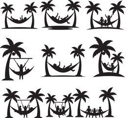 Fototapeta premium Collection of Black Silhouette Hammocks and Palm Trees for Relaxation Scenes