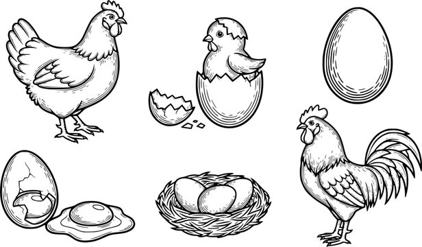 hen chicken egg engraving black and white outline