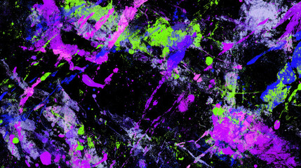 Ultraviolet paint creates vivid abstract pattern with blood red and neon green splatter on dark background, evoking energy and chaotic emotion in modern art style