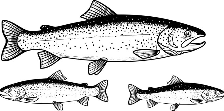 rainbow trout fish engraving black and white outline