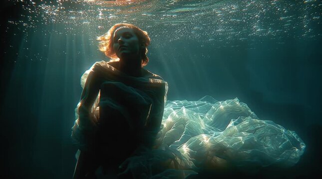surreal underwater portrait of a woman in white cloth, ethereal female beauty submerged in water, dreamlike underwater woman wrapped in fabric