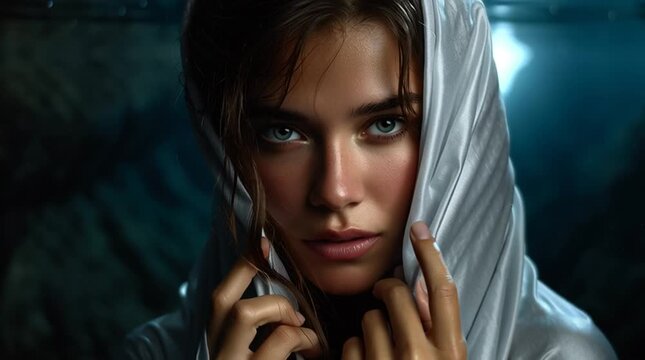 surreal underwater portrait of a woman in white cloth, ethereal female beauty submerged in water, dreamlike underwater woman wrapped in fabric