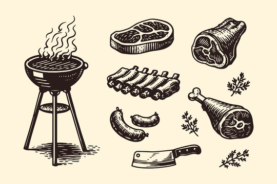 Barbecue grill and meat set engraving style vector illustration