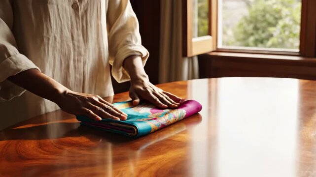 Woman folding a colorful silk scarf on a wooden table near a window.