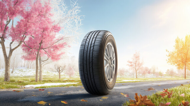 Tire on road by trees. A tire stands upright on a road lined with trees. The setting shows a mix of seasons with flowers and fallen leaves.