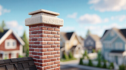 Naklejka premium Chimney near homes and trees. A brick chimney sits atop a house surrounded by green trees and other homes on a sunny day.