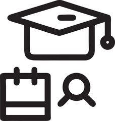 Education Icon Set: A minimalistic icon set symbolizes education and its associated elements: graduation cap, magnifying glass and calendar.