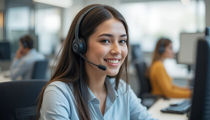 Smiling customer service representative wearing headset in modern office