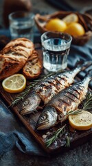 On a stone table, grilled entire fish is served with bread, water, and a lemon. A customary Christian supper for Lent or Good Friday