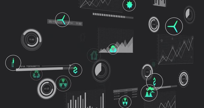 Animation of digital dashboard with eco-friendly icons and data visualizations