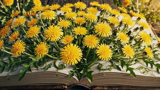 Rapid time-lapse animation showing vibrant green vines and golden dandelion heads quickly sprouting and blossoming directly out of the blank white pages of an open book ecology, environment, nature