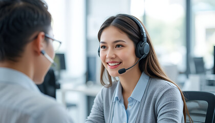Smiling businesswoman wearing headset collaborating with colleague in modern office