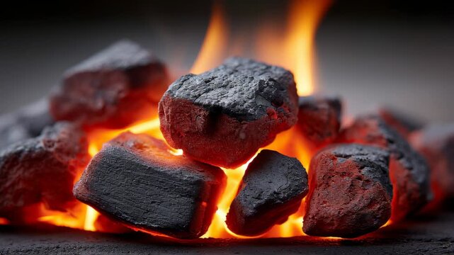 Close-up of glowing charcoal pieces with visible flames, showcasing the vibrant orange glow and textured surfaces of the coal, creating a warm and inviting atmosphere for grilling or cooking