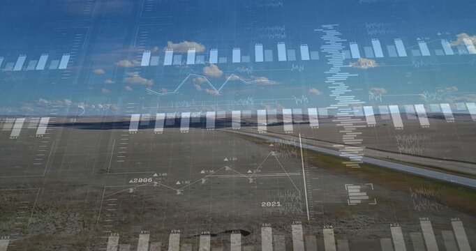 Fading in data overlay over fields, bars sliding and line graph rising showing trend growth