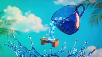Blue glass mug pouring water with digital cubes onto floating desk with monitors, concept of digital overload and refreshing ideas in a tropical sky