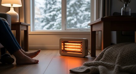 Fototapeta premium Person warming feet by glowing electric heater near window with snowy trees outside