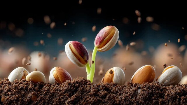 Seedling emerging from soil with scattered pistachio shells and dirt, showcasing growth progression in a close-up view, highlighting the natural process of germination and development