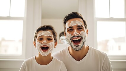 Happy family day with dad and son enjoying shaving cream fun together