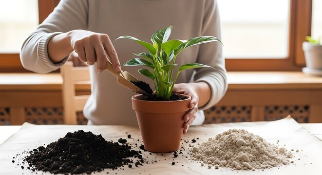 Person repotting a green plant in a brown pot with soil and perlite on a table