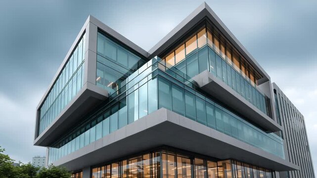 Modern architectural building with large glass windows and angular design, showcasing a dynamic structure against a cloudy sky, emphasizing contemporary urban aesthetics and innovative design elements