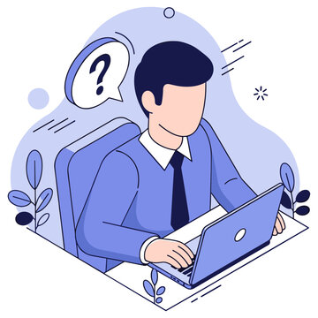 Confused male working at laptop with question mark icon