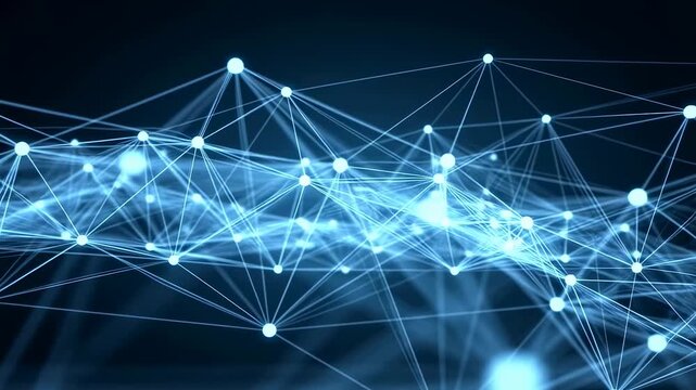 Abstract digital network connections with glowing nodes. Visual representation of data flow and connectivity in technology and communication sectors