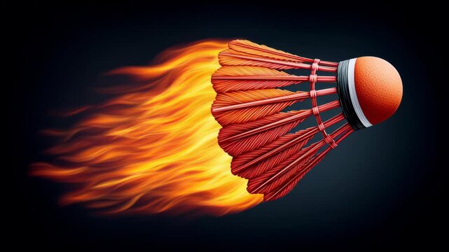 Shuttlecock with orange head and feather skirt in motion, surrounded by flames, illustrating dynamic speed and energy against a dark background, emphasizing action progression in a continuous flow
